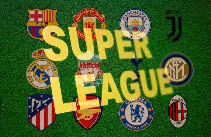 Super League words are seen in front of twelve of Europe's top football clubs logos in this illustration taken April 19, 2021. REUTERS/Dado Ruvic/Illustration
