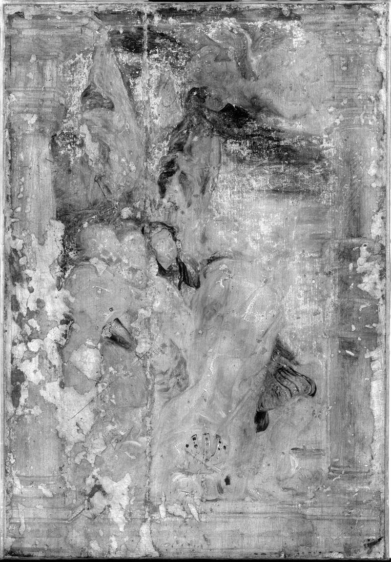 De infraroodfoto van de olieverfschets van Rubens. Beeld 