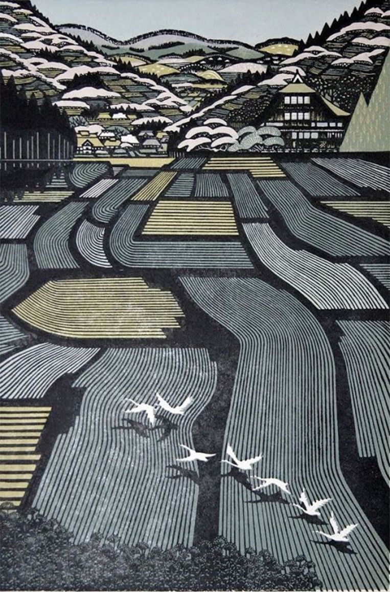 Ray Morimura: Houses in Tamugimata. Houtsnede, 1999. Beeld 