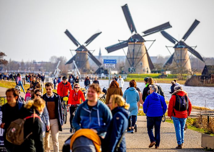 Toeristen in Kinderdijk.