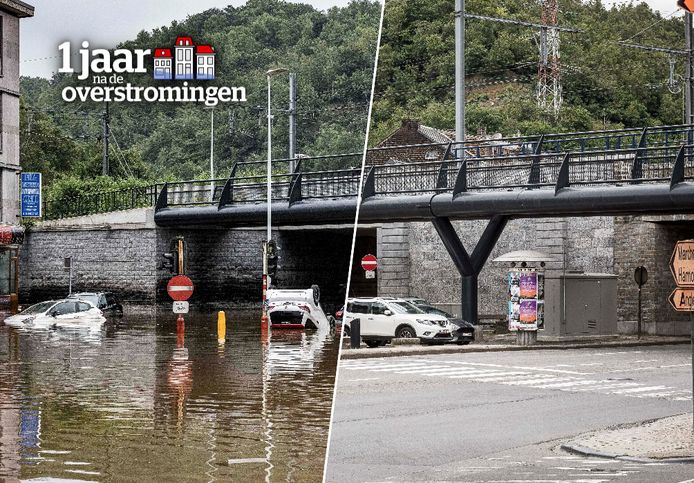 Het Waalse straatbeeld een dag na de overstromingen (links) en een jaar erna (rechts).