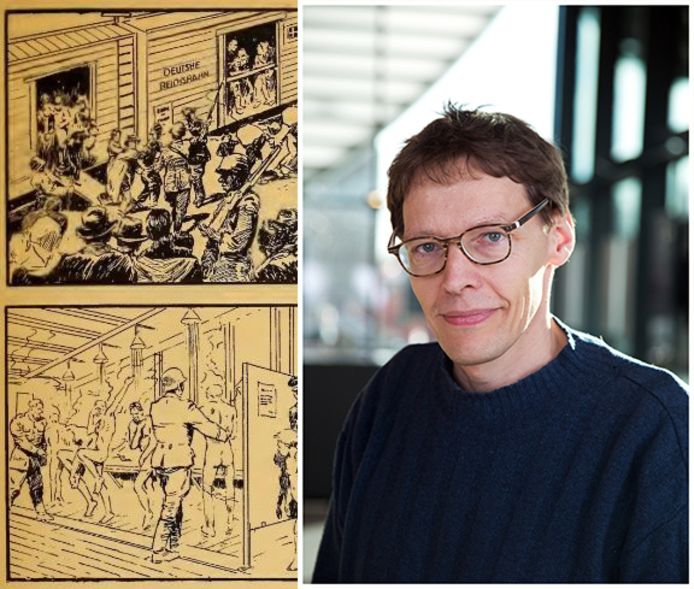 Links: het allereerste stripverhaal 'Nazi Death Parade' van August M. Froehlich. Rechts: Kees Ribbens, Bijzonder Hoogleraar aan de Erasmus Universiteit