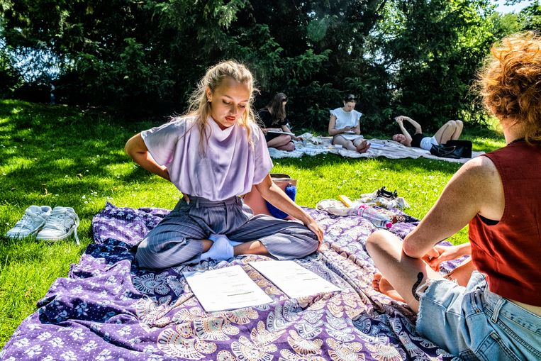 Ella Konings (22) vind een plekje in de zon net ideaal om zich over haar studieboeken te buigen. ‘De warmte stoort mij echt niet, dus die studies verbazen mij wel.’ Beeld Tim Dirven