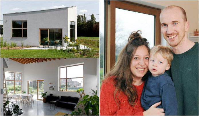 De schuine lijnen in dak en gevel bevorderen de privacy en energie-efficiëntie. Rechts: Sarah Vandendael (30), Bart Verbruggen (34) en zoon Cas (1)