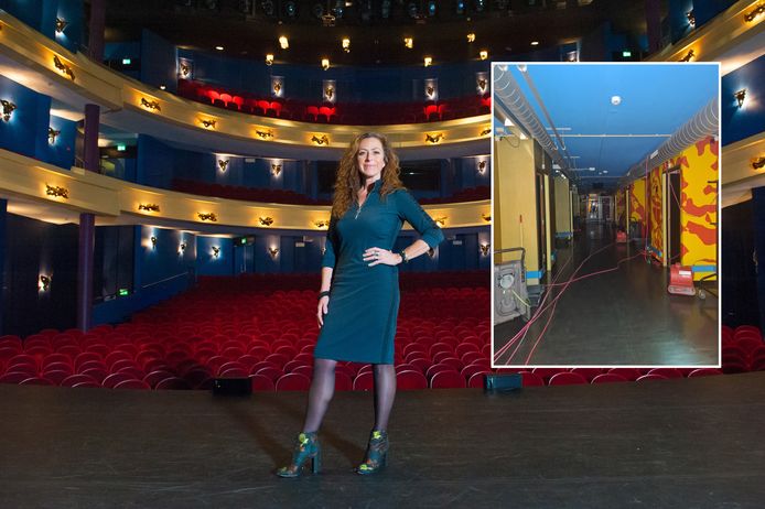 Directeur Tineke Maas, met rechts een foto van de schade.