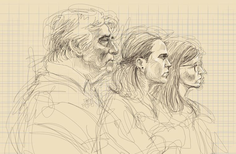 Een rechtbanktekening van de vader en twee zussen van Tine Nys tijdens het assisenproces in 2020, waarvoor Joris Van Hove werd vrijgesproken. Beeld BELGA