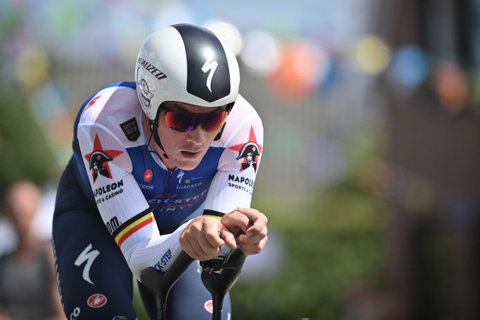 Belgian Yves Lampaert of Quick-Step Alpha Vinyl pictured in action during the men's elite individual time trial race of 35km at the Belgian championships, in Gavere, Thursday 23 June 2022. BELGA PHOTO DAVID STOCKMAN