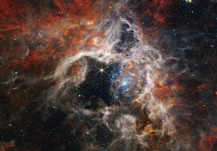 Het nieuwe beeld van de James Webb-ruimtetelescoop toont de ‘Tarantula-nevel’, een gebied met duizenden jonge en nooit eerder waargenomen sterren.