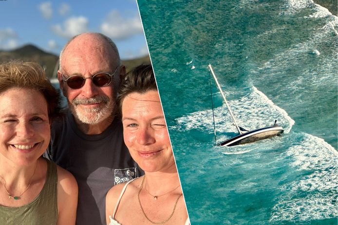 Dirk (69) met zijn twee dochters Nathalie (41) en Sylvie (37) op hun reis in de Caraïben. Sylvie kon vanuit het privévliegtuig nog een foto nemen van de gekapseisde zeilboot.