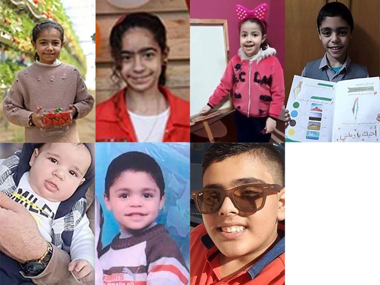 Twintig leden van de familie Al-Qawlag lieten het leven tijdens een luchtaanval, onder wie Yara, Hala, Rula, Zaid, Qusai, Adam, Ahmad en Hana (niet op de foto). Een Israëlische luchtaanval werd hen fataal. Beeld NYT