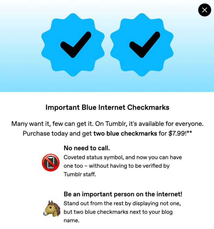Op Tumblr krijg je twee blauwe vinkjes voor de prijs van één vinkje bij Twitter.
