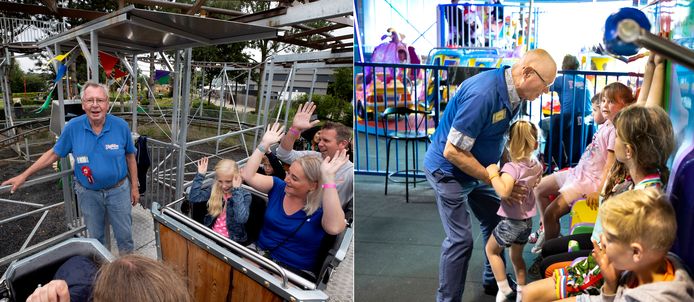 Jan van de Wiel (80) en Walther van Bavel (79), op hun vaste posten bij pretpark DippieDoe: de achtbaan en de stormtoren.