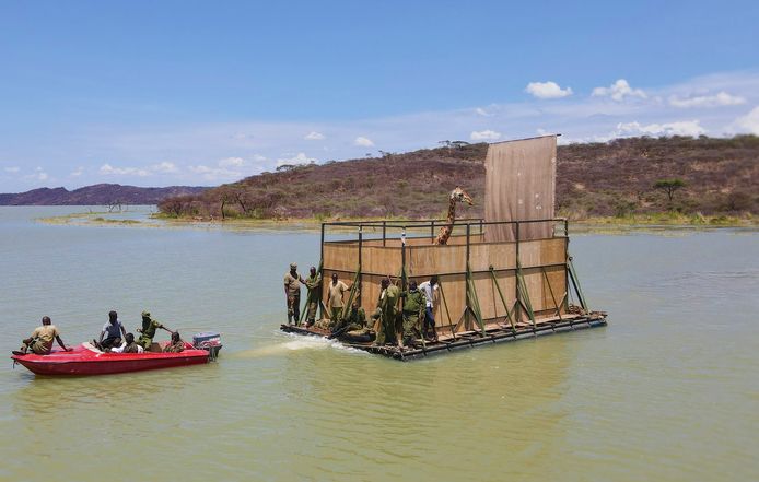 Een bedreigde Rotschildgiraf wordt op een speciale boot, de GiRaft, van het ondergelopen eiland Longicharo naar een reservaat op het vasteland gebracht.
