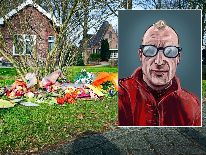 Getekend portret van Joost Knevel, met op de achtergrond bloemen bij de begraafplaats in Bodegraven die zijn neergelegd door complotdenkers.