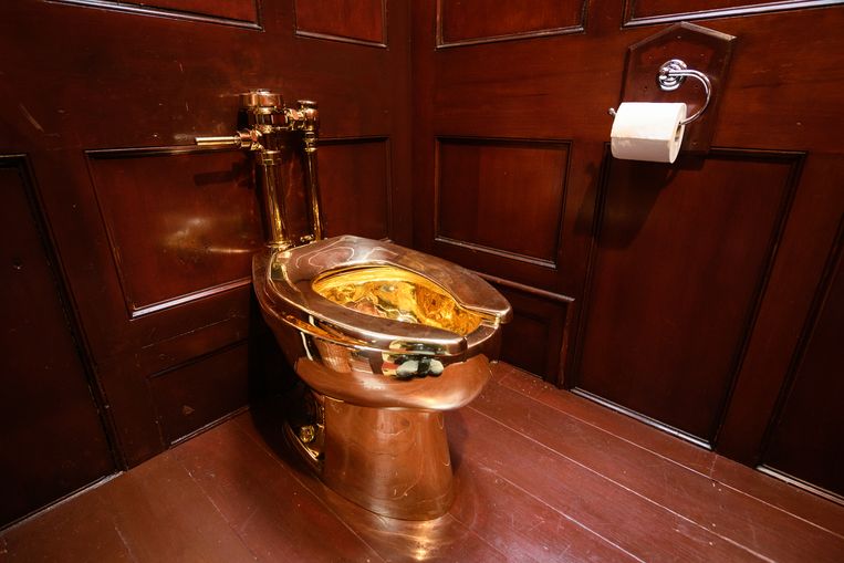 De gouden wc ‘America’ zoals het stond opgesteld in het Blenheim Palace in Woodstock, Groot-Brittannië. Het toilet is zondagochtend vroeg gestolen.  Beeld Getty Images