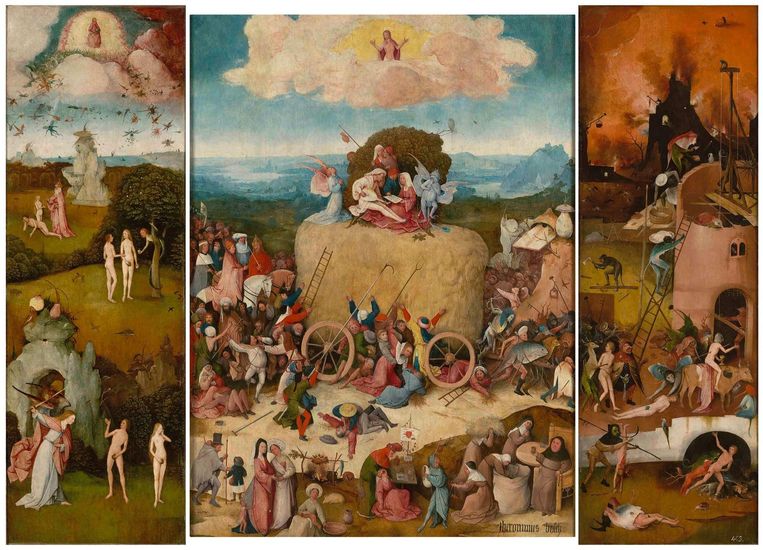 Triptiek van Jeroen Bosch, met tussen Paradijs en hel ‘De Hooiwagen’, waar mensen iets van willen meepikken. Hooi stond voor materialisme en vraatzucht. Beeld 