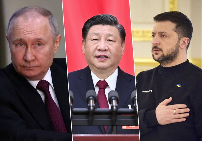Le président russe, Vladimir Poutine, le président chinois, Xi Jinping, et le président ukrainien, Volodymyr Zelensky.