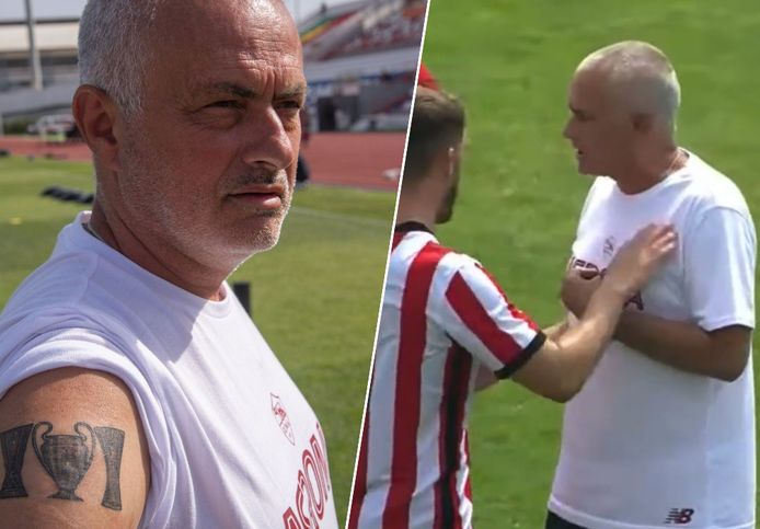 José Mourinho liet een tattoo zetten en liet zich vorige woensdag ook gelden tijdens een oefenmatch.