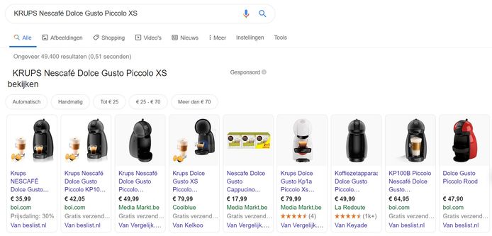 Prijzen vergelijken via Google.