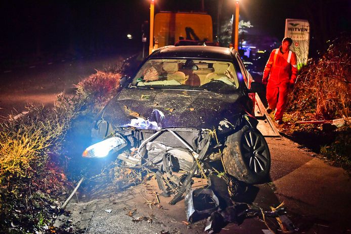 Een auto in Veldhoven vloog zondagavond uit de bocht en belandde nadat hij een betonnen paal uit de grond reed in de struiken.