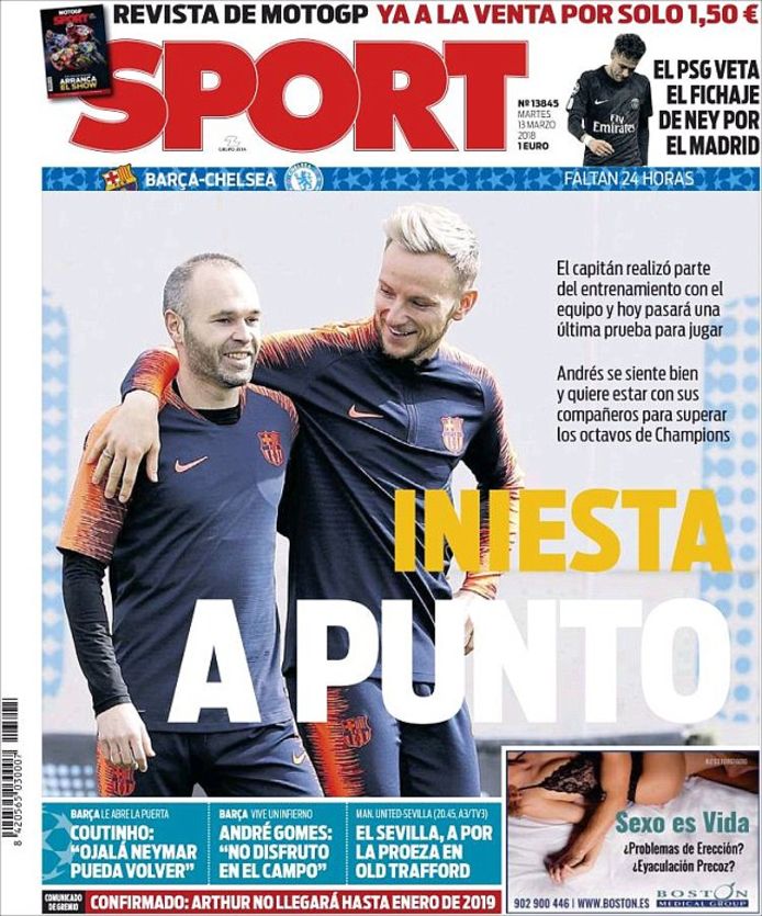 De cover van het Catalaanse 'Sport', met quotes van Coutinho over een mogelijke terugkeer van Neymar naar FC Barcelona, maar ook met het gerucht rond de transfer naar Real.