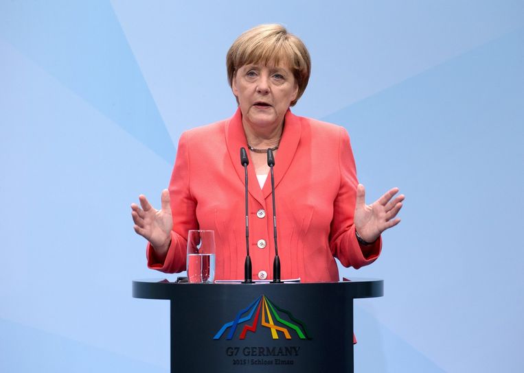 Bondskanselier Angela Merkel tijdens de G7-top vorige week Beeld epa