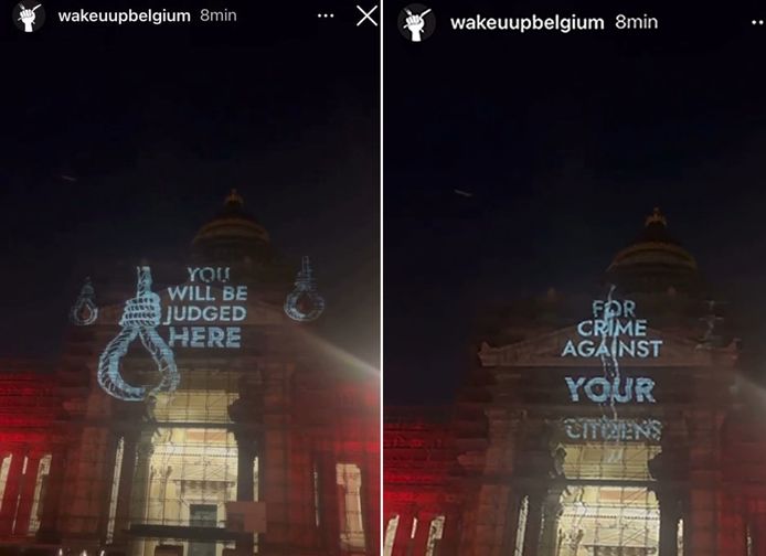 "U zal hier berecht worden voor misdaden tegen uw burgers." Dat was de boodschap van actiegroep Wake Up Belgium op het Brusselse justitiepaleis.