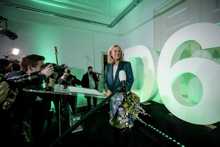 Sigrid Kaag als lijsttrekker van D66 vlak na de Tweede Kamerverkiezingen. Software-ondernemer Steven Schuurman schonk vlak voor die verkiezingen een miljoen aan de partij.  Beeld ANP
