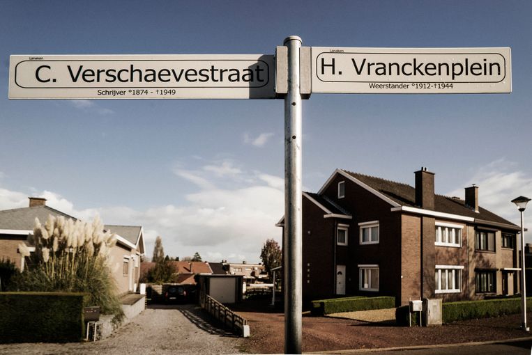 De Cyriel Verschaevestraat grenst aan het Hubert Vranckenplein, genoemd naar de weerstander Hubert Vrancken.  Beeld Eric de Mildt