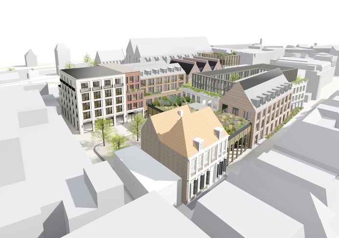Een impressie van de nieuwe Weeshuispassage in het Broerenkwartier in Zwolle. Op de voorgrond is het Vliegerhuys te zien, op de achtergrond in het midden de Broerenkerk. Links op de afbeelding staat het pand van Hudson's Bay. De ‘fotograaf’ staat hier als het ware op het dak van de HEMA.