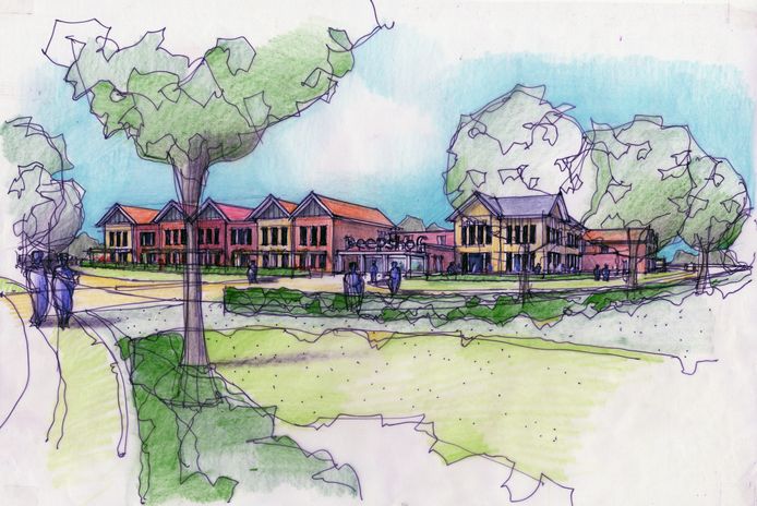 Schetsen van het nieuwe verpleeghuis dat de Stichting Warme Huizen in Diepenheim wil bouwen op Plan Noord III. Op de tekening is ook goed te zien hoe het nieuwe pand wordt ingepast in de omgeving.