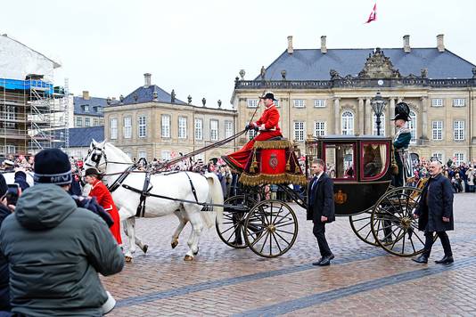 COPENHAGEN, DENMARK - JANUARY 14: Queen Margrethe II of Denmark leaves for the proclamation of HM King Frederik X and HM Queen Mary of Denmark at Amalienborg Palace Square on January 14, 2024 in Copenhagen, Denmark. Her Majesty Queen Margrethe II steps down as Queen of Denmark and and entrusts the Danish throne to His Royal Highness The Crown Prince, who becomes His Majesty King Frederik X and Head of State of Denmark. (Photo by Martin Sylvest Andersen/Getty Images)