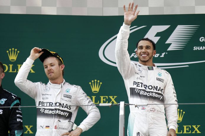 Nico Rosberg en Lewis Hamilton als Mercedes-teamgenoten in 2015.