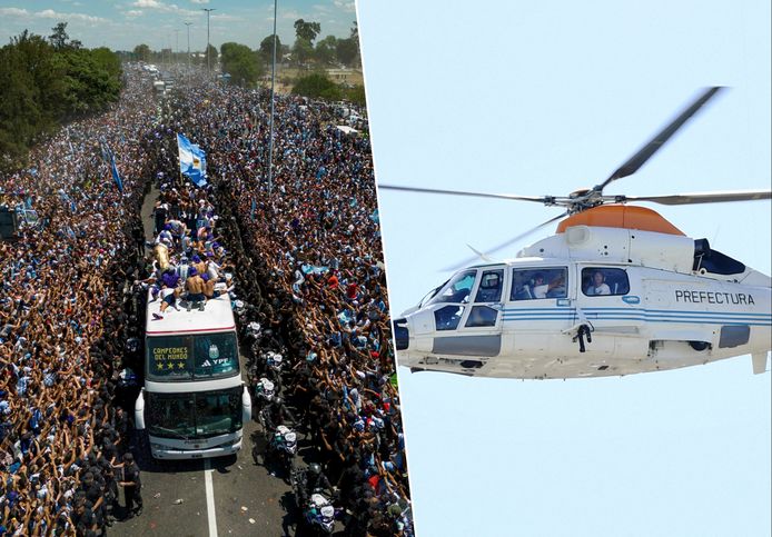 Na de knotsgekke rit met de open bus werden de spelers uit de menigte gehaald met helikopters.