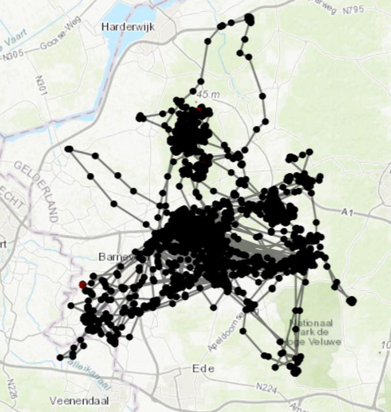 Data van de door raven afgelegde route. Beeld ARK