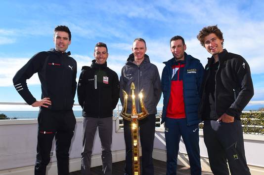 Vlnr: Tom Dumoulin, Fabio Aru, Chris Froome, Vincenzo Nibali en Peter Sagan.