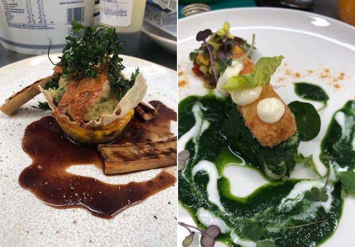 Эксклюзивные фотографии с тестовой кухни Пита и Рубена.  Слева вы видите боботи со страусиной шеей, а справа вы видите зеленый кингклип с идеальным бельгийским картофелем и малайским салатом.