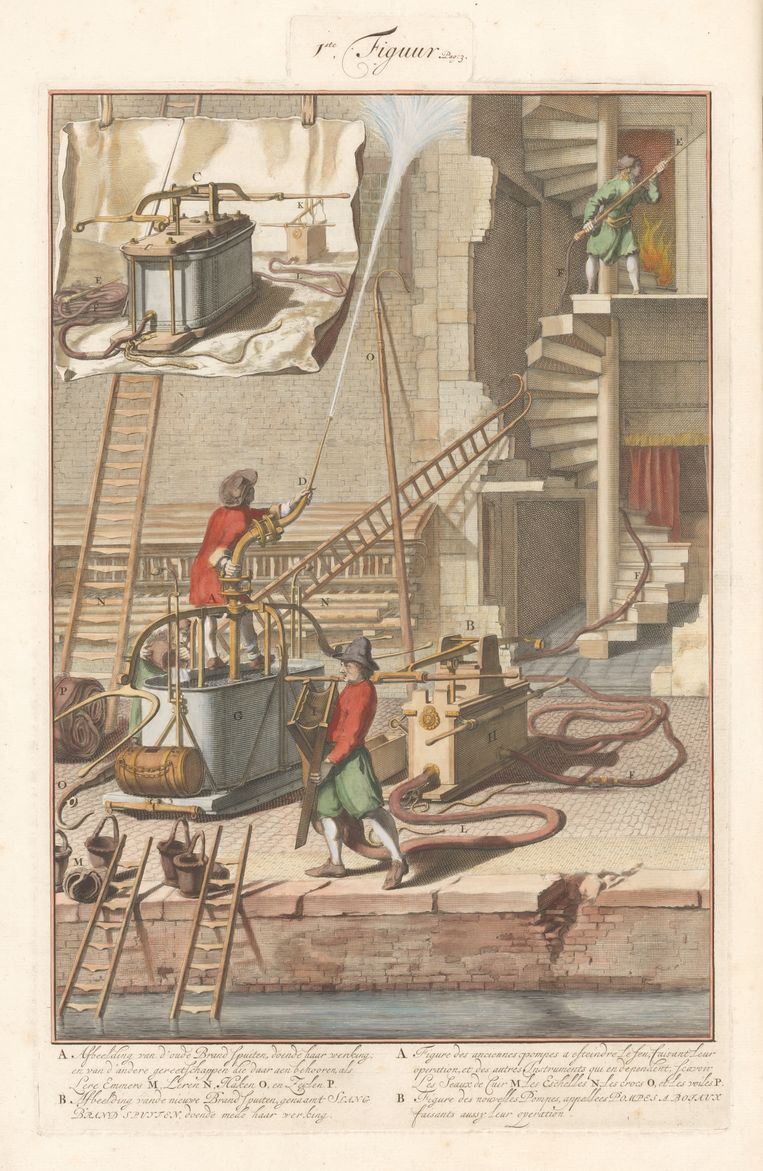 De eerste prent in het Slangbrandspuitenboek, waarop links de oude brandspuit en rechts de nieuwe met slang en slangpomp of aanbrenger te zien zijn. Handgekleurde gravure van en naar (toegeschreven aan) Jan van der Heyden, circa 1690-1735.
 Beeld Korpora