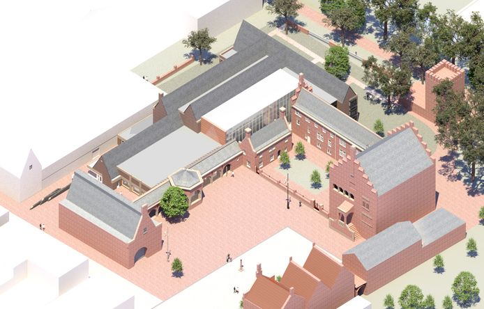 Het Raadhuisplein in Waalwijk, met aan de linkerkant het schoenenmuseum (met uitzondering van het gebouw op de voorgrond).