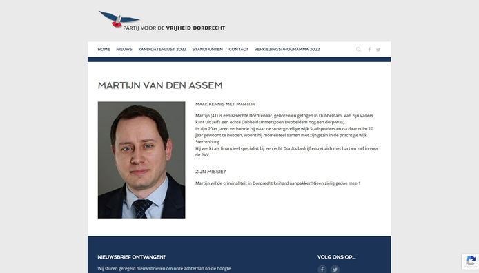 Deze pagina op de PVV-site werd verwijderd, nadat het AD vragen had gesteld over kandidaat Martijn van den Assem.