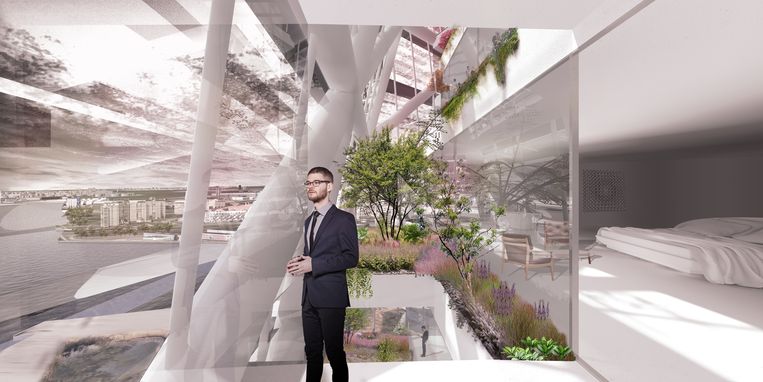 Schetsen van het ex- en interieur van de Dutch Windwheel, een ringvormig gebouw van 174 meter hoogte met hotel, woningen en een reuzenrad. Via een gat wordt windenergie opgewekt. Beeld rv