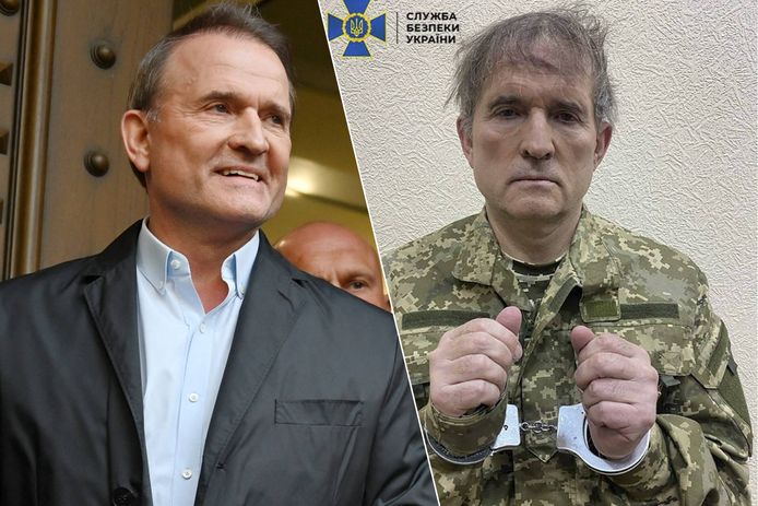 Viktor Medvedtsjoek. Links in mei 2021 en rechts in april 2022, na zijn arrestatie door Oekraïne.