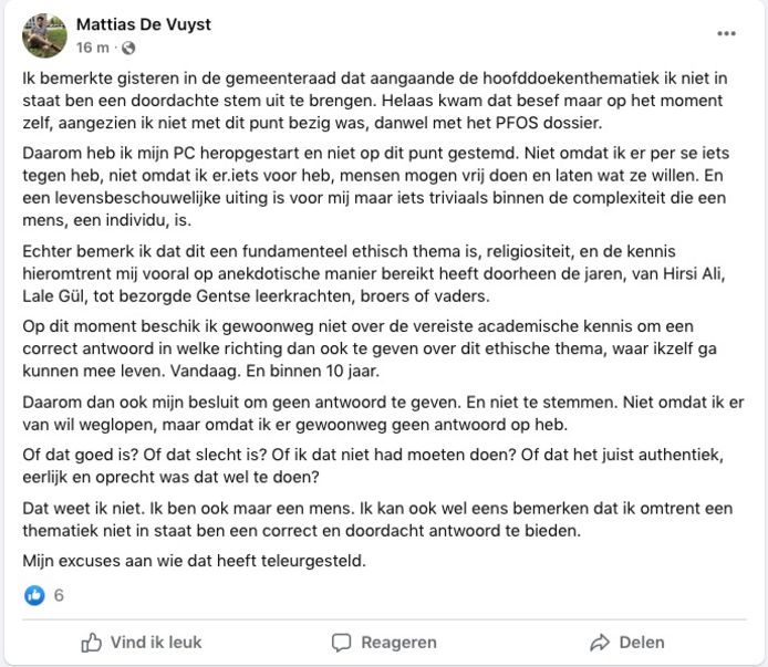 Mattias De Vuyst zette een tekst op Facebook waarin hij zijn beslissing uitlegt.