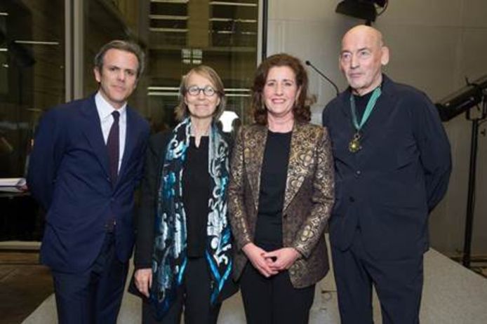 Guillaume Houzé, President van Fondation Galeries Lafayette; Franse Minister van Cultuur Françoise Nyssen; Nederlandse Minister van Cultuur Ingrid van Engelshoven; Rem Koolhaas.