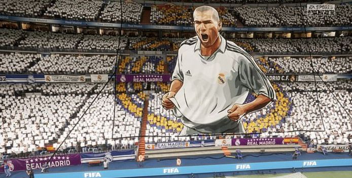 Een beeld van hoe het Bernabéu er mét fans en een tifo van Zidane uitziet in de videogame FIFA. Real zal echter thuis spelen in het Alfredo di Stefano-stadion.