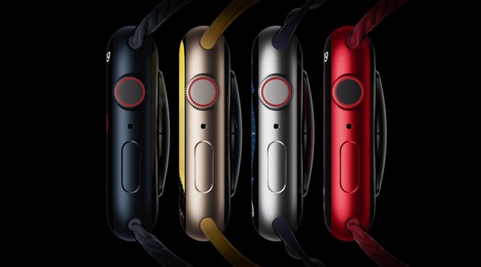 De vier beschikbare kleuren van de Apple Watch Series 8.