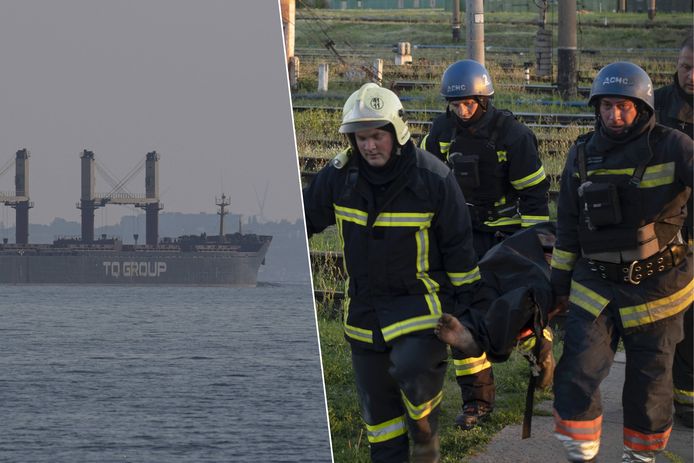 Vrachtschip verlaat haven van Odesa. / Oekraïense hulpverleners dragen het lichaam van het slachtoffer van de aanval in Charkov.