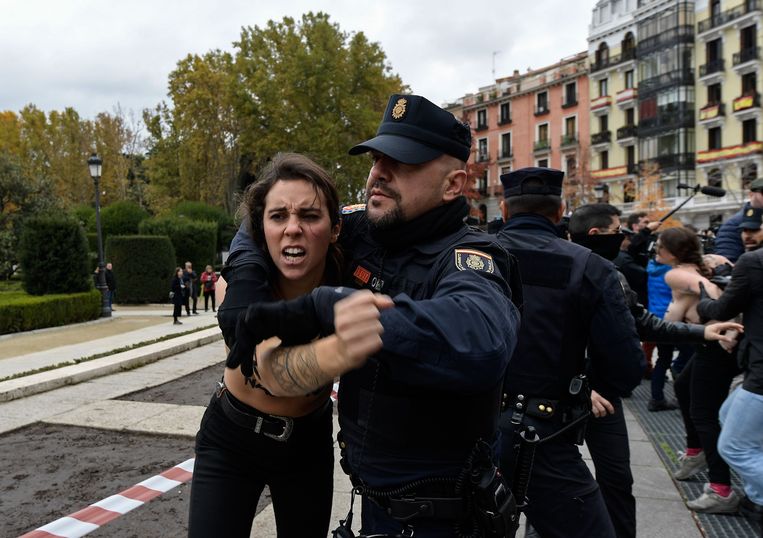 Spaanse politieagenten bedwingen een Femen-protestante die de herdenking ter ere van Franco probeert te verstoren. Beeld AFP