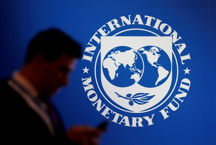 Het logo van het  van het Internationaal Monetair Fonds (IMF). Archiefbeeld.
