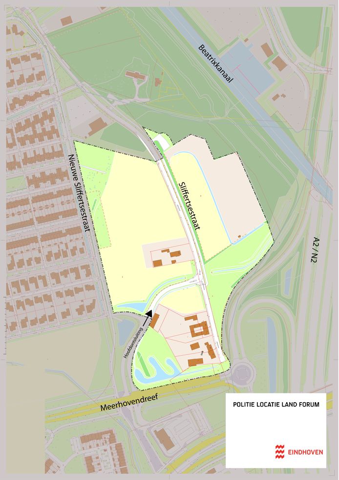 Het gebied waar het nieuwe politiecomplex voor Oost-Brabant moet komen, aan de Meerhovendreef/Sliffertsestraat in Eindhoven.